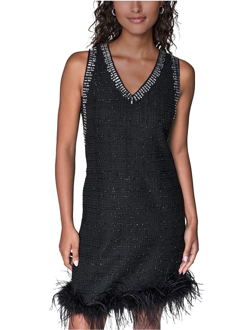KARL LAGERFELD PARIS Feather Trim Shift Dress in Black Size 10